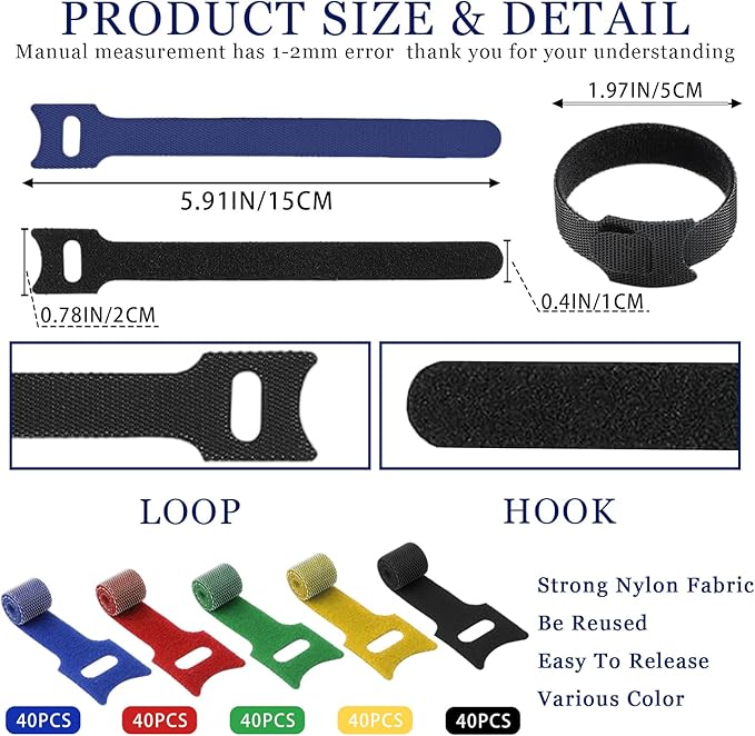 200PCS 6 Inch Cable Ties Reusable Fastener Straps Multi-Purpose Wire Ties Self-Gripping Cord Organizer Cord Wraps Adjustable Hook&Loop Cable Straps for Home,Office and Data Centers Cables Management