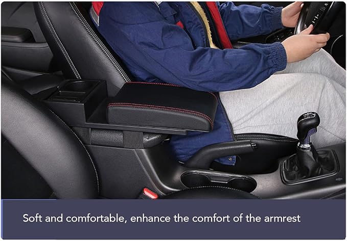 Fydun Center Console Armrest Box Cover Adjustable Length with USB Charging Port Cup Holder Universal for Most Vehicles (Black Line)