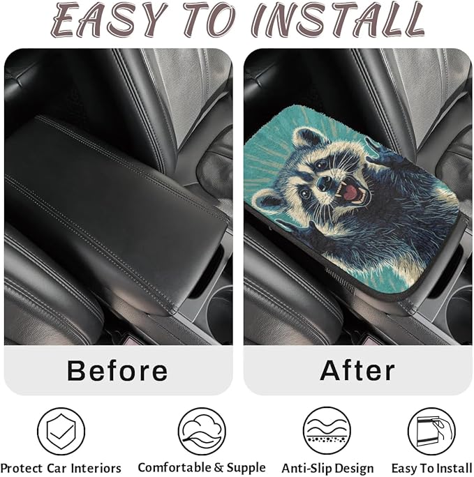 Funny Raccoon Center Console Cover Pad Car Blue Armrest Box Mat Truck Comfort Memory Foam Arm Rest Cushion Car Accessories Universal Fit 13x8 Inch