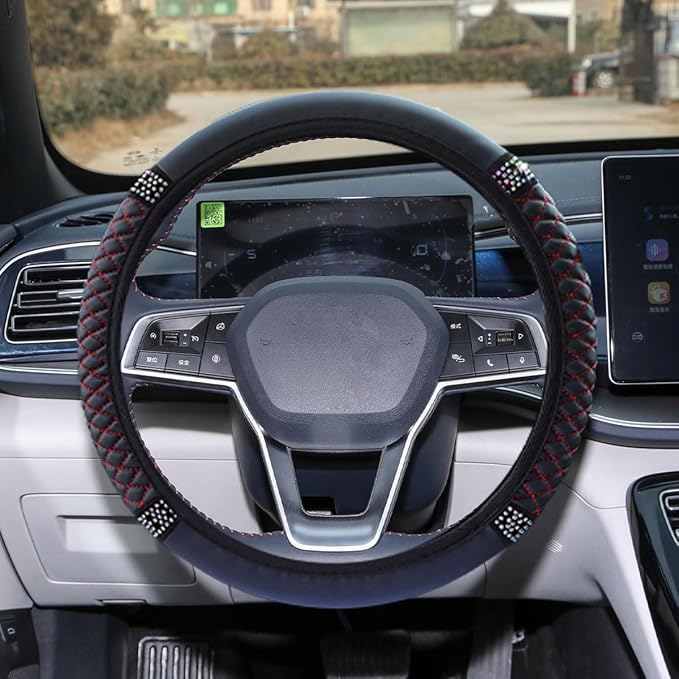 Bling Soft Leather Steering Wheel Cover, 15" Anti-Slip Sparkly Crystal Auto Elastic Steering Wheel Protector for Women Girl, Colorful Diamond Car Interior Accessory for Most Cars (Black/Red)
