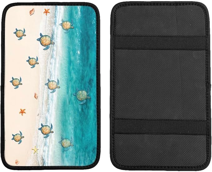 DORKEIXIA Ocean Kawaii Cute Turtle Crawling On The Beach Auto Center Console Armrest Pad Universal Car Center Console Cover Seat Box Cover for Sedan, Van, SUV, Truck Car Accessorie