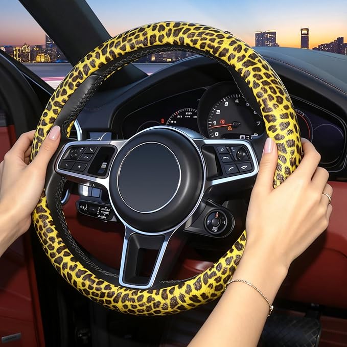 ZHOL Leopard-Cheetah Print Steering Wheel Cover,Made of PU Leather and Leopard Print Fabric,Non-Slip and Breathable Design,Suitable for Both Men and Women,Universal 14.5-15 inches (Black&Yellow)