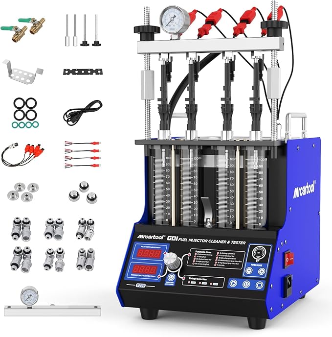MR CARTOOL V209 GDI Fuel Injector Cleaner Machine, 110V 4-Cylinders Heated Ultrasonic Injector Cleaner Kit with 10 Functions, Gasoline Fuel Injector Tester for Car Motorcycle EFI/FSI Injectors