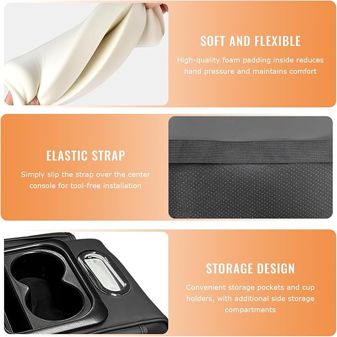 Car Center Console Armrest Pillow, 5-in-1 Armrest Cushion w/ 2 Side Bags, Tissue Box Slot, Cup & Phone Holder, Multifunctional Leather Arm Rest Cover Storage Organizer (Black, Normal)