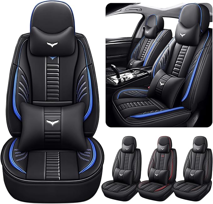 Pengchen Luxury 2 Seats Car Seat Covers Protectors for Honda Civic 2017-2025, Back Storage Pocket Design & Headrest Pillow & Lumbar Support Black & Blue Line