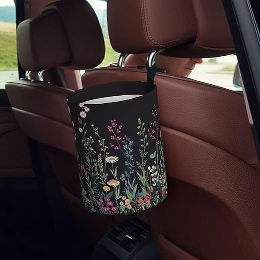 Car Trash Can Hanging, Wildflower Plant Waterproof Auto Garbage Bin Universal Vehicle Waste Container, 3.5L Capacity