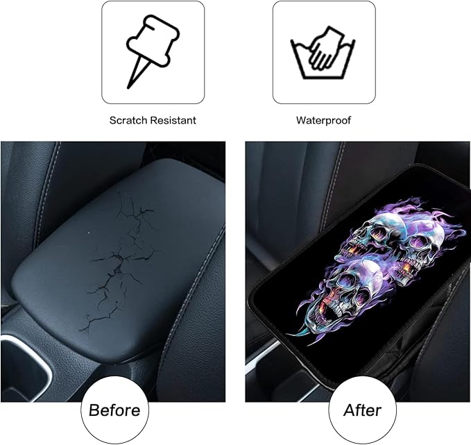 JANENFNA Car Armrest Cover Pads Universal Fashion Cute Auto Center Console Armrest Cover Pad with 2PCS Car Coasters Soft Waterproof Car Armrest Seat Protector for Women,Flame Skull