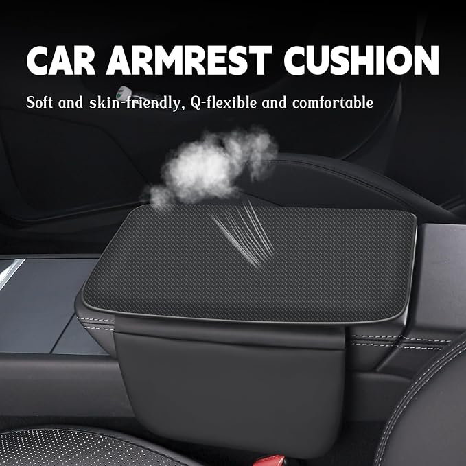 Car Armrest Cover Pad - Nappa Leather Car Center Console Cover with Breathable Holes, Non-Slip Auto Arm Rest Cushion, Universal Car Interior Accessories Fit forTesla Model Y Most Cars, SUVs (Black)