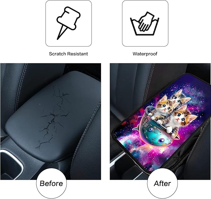 JANENFNA Car Armrest Cover Pads Universal Fashion Cute Auto Center Console Armrest Cover Pad with 2PCS Car Coasters Soft Waterproof Car Armrest Seat Protector for Women,Cute Cat in Spaceship
