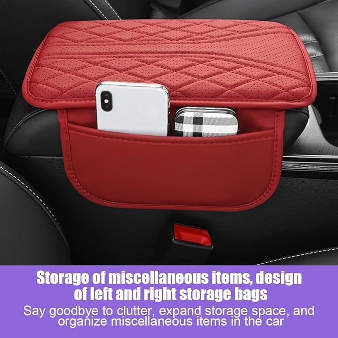 Car Center Console Cover, Microfiber Leather Armrest Cover with Storage Bags & Handmade Stitching, Universal Fit for Most Cars, SUVs, Sedans, Trucks, Auto Interior Accessories Protector