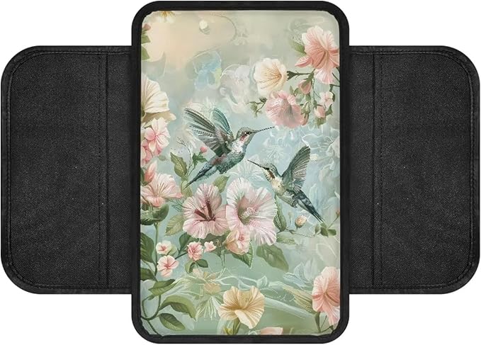 Dreaweet Hummingbird Flower Print Arm Rest Cover for Car Truck SUV Van,Elegant Car Accessories Teal Center Console Covers with Pockets,Soft Comfy Car Armrest Cover Pad,Easy to Install