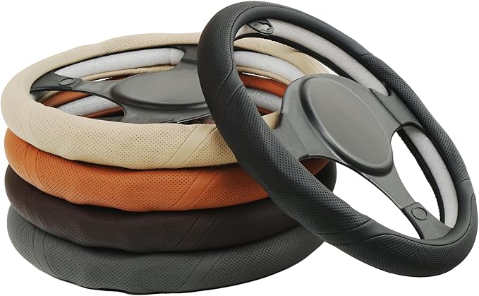ALEMODR Gray Leather Steering Wheel Cover Universal 15 inch