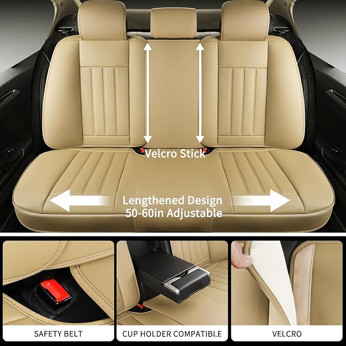 COVER EMPIRE Beige Leather Seat Covers, 5 Seats Universal Car Seat Covers Full Set, Waterproof Automotive Seat Covers Breathable Front and Rear Seat Covers for Most Sedans SUVs Trucks