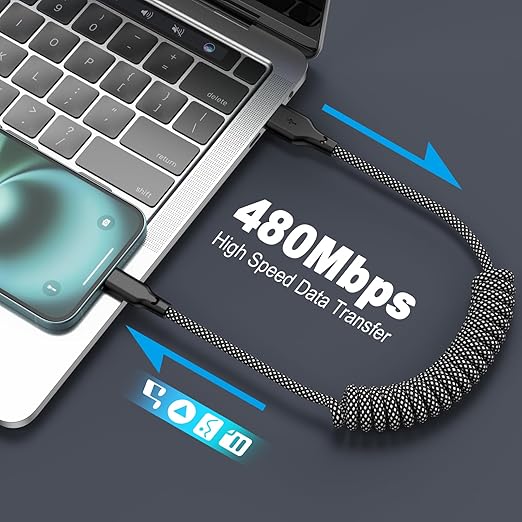 Eettvekd Coiled Carplay Car Charger Fast Charging，[2-Pack, 3ft] Retractable Braid USB A to USB C Cable for iPhone 17/17 Air/16/15/Plus/Pro Max/MacBook Pro, USB C Cord,Grey
