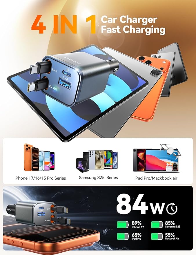 Retractable Car Charger 84W Car Charger USB C for iPhone 16 17 Pro Max Fast Charging [PD45W Dual Type C Cables] Car Accessories Cigarette Lighter Adapter for iPhone 17 Air 16 15 Pro Max, Samsung S25