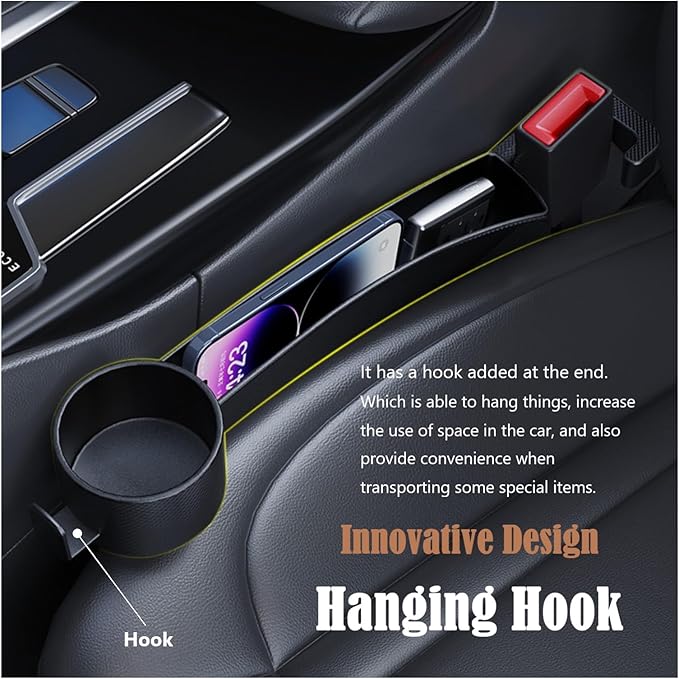 Dual Slot Car Seat Gap Organizer with Cup Holder, Universal Auto Gap Filler Strip 2 Pack with Seat Belt Holes, Carseat Side Gap Guard Spacer Accessories to Fill The Space Between Front Seat & Console