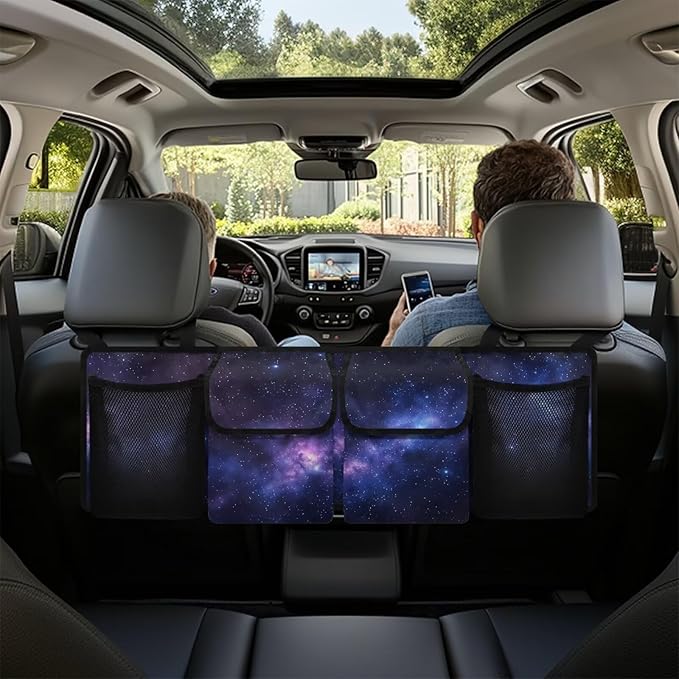 Purple Galaxy Car Trunk Organizers, 37.1" x 11.8" Backseat Hanging Organizer with 4 Storage Bag, Waterproof Car Organizer with Adjustable Strap, Road Trip Large Capacity Bag for Car SUV