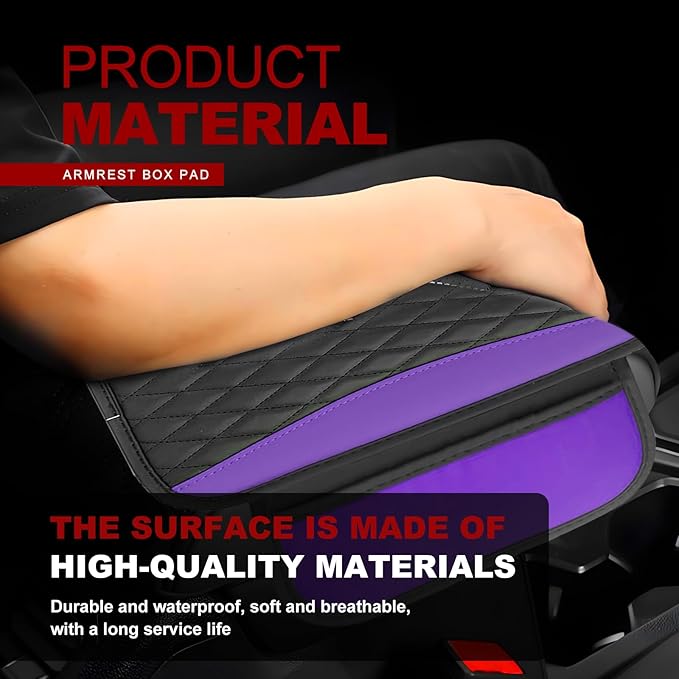 Leather Car Center Console Cover with Side Storage Pockets, Universal Leather Waterproof Armrest Pad Protector & Organizer for Cars, Vehicles, SUVs Interior Decor Stylish Car Decoration (Purple)