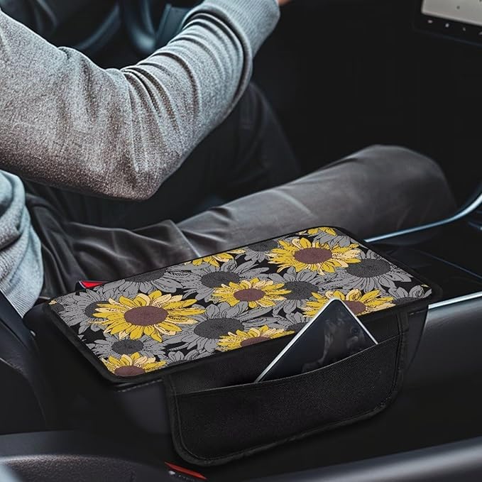 Dreaweet Sunflower Print Center Console Armrest Cover with Side Pockets Universal Armrest Cover for Car Truck SUV Van,Soft Non-Slip Car Arm Rest Cover Pad