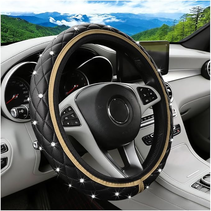 Bling Car Steering Wheel Cover, Rhinestones Elastic Leather Automotive Steering Wheel Protector, 15 Inch Sparkly Crystal Vehicle Interior Decor Accessories, Universal Fit (Beige)