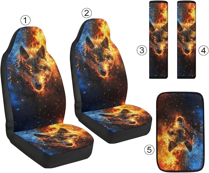 Qeluxign Fire Wolf Head PU Leather Car Seat Cover Set of 5 Auto Accessories 2 Front Bucket Seat Covers, 2 Seatbelt Pads & 1 Armrest Cover, Easy to Install