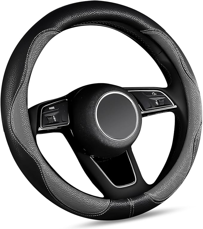 Gray Steering Wheel Cover,Slip-Proof Breathable Comfort PU Imitation Leather Cute Car Accessories for Women Girl, Universal Protector in All Season 15 inch Fit Most Car