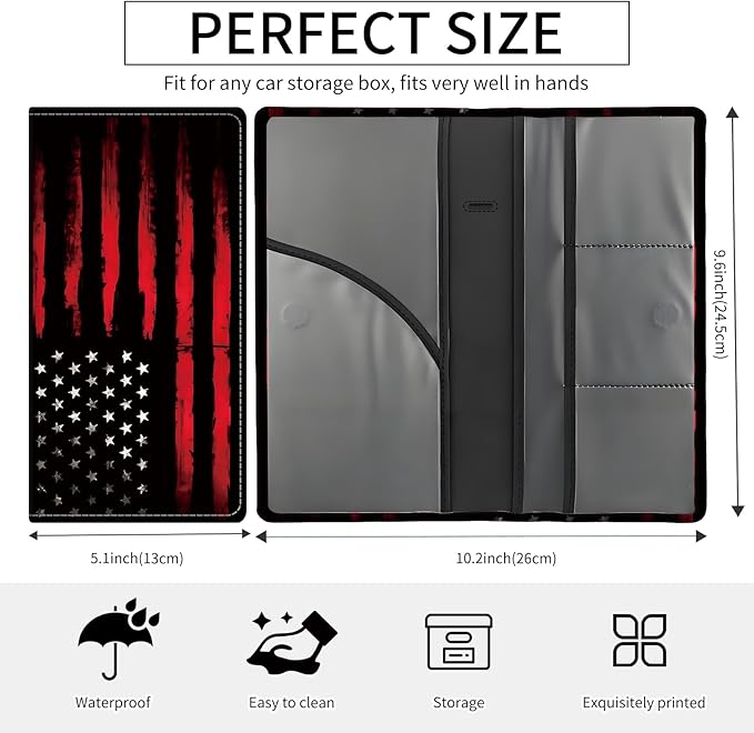 BAUCIWLD Premium Car Registration and Insurance Card Holder, Cute PU Leather Car Document Holder, Vehicle Glove Box Car Organizer with Magnetic Closure for Driver License, Cards Black Red Flag