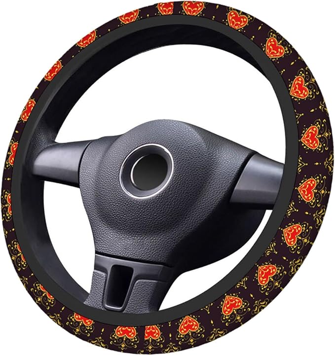 Swono Steering Wheel Covers Baroque Beautiful Ornamental Red Heart S with Crown Baroque Style Non Slip Neoprene Car Wrap Cover Comfort Grip Stretch-On Automotive Steering Wheel Protector 15 Inch
