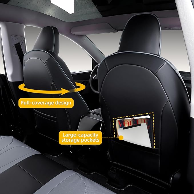 OURPLOT Custom Fit Seat Covers for 2025 2026 Tesla Model Y Juniper (5-Seater), Waterproof Breathable Nappa Leather, OEM Factory Style Full Set Car Seat Protectors Airbag Compatible - Black+Grey