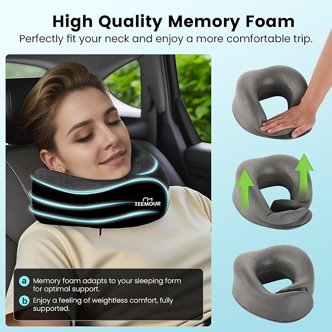 Upgraded Neck Pillow for Airplane Travel - 360° Support Stops Head Bobbing, Memory Foam Travel Pillow With Eye Mask & Earplugs, Portable Carry Bag for Long Flights/Car| Airplane Accessories Black