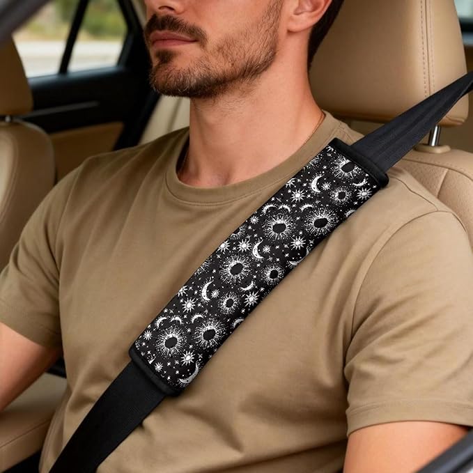 Qeluxign PU Leather Car Seat Covers Set - Sun Moon Star-Includes 2 Seat Protectors, 2 Shoulder Pad Covers, 1 Armrest Cover for Car Decoration