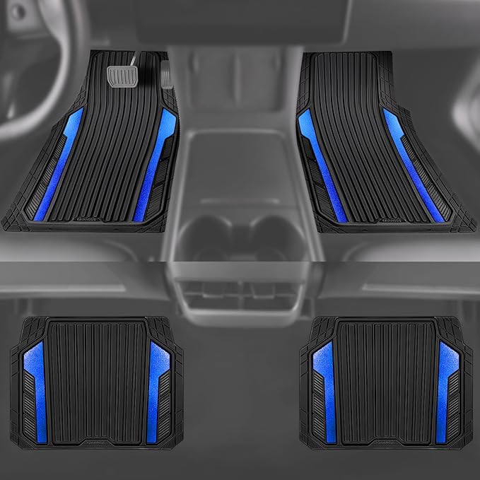 CAR PASS Heavy Duty Rubber Car Mats Metallic,Aluminum Film All Weather Floor Mats Waterproof Universal Trim to Fit Automotive SUV Sedan Van 4 Piece Anodized Deep Dish Two-Tone Sporty Black Blue Chrome