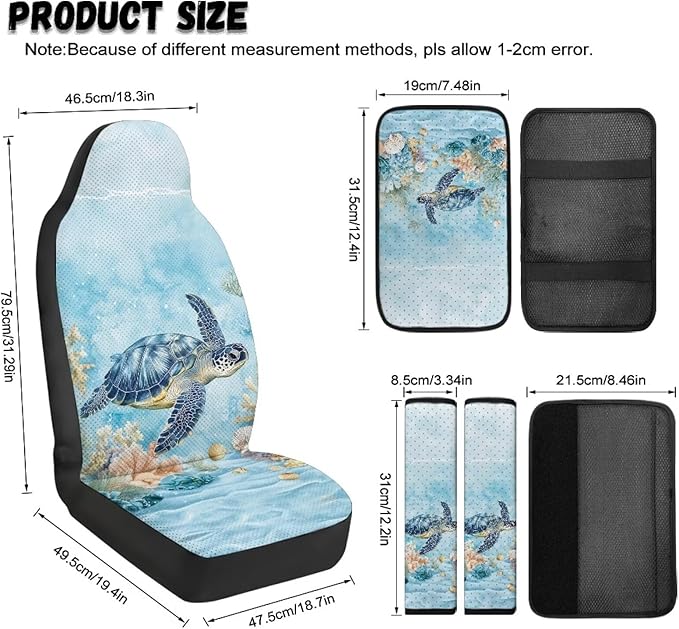 Qeluxign 5 Pieces Car Seat Cover Full Set,Sea Turtle Ocean Coral Seat Covers Car Seatbelt Pads Vehicle Center Console Armrest Cover Pad for Truck SUV Sedan Automotive Interior Decor Accessorie