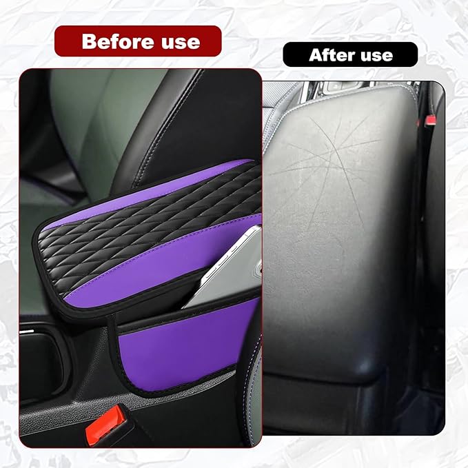Leather Car Center Console Cover with Side Storage Pockets, Universal Leather Waterproof Armrest Pad Protector & Organizer for Cars, Vehicles, SUVs Interior Decor Stylish Car Decoration (Purple)