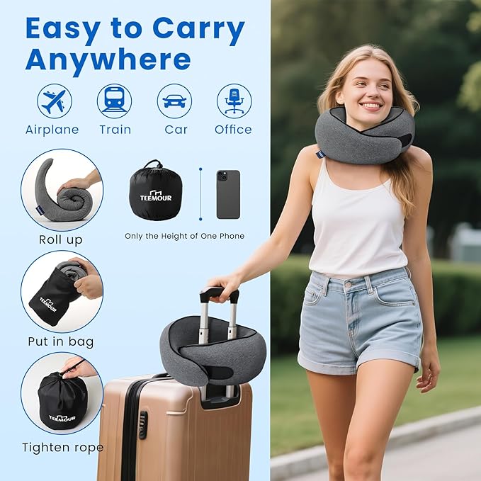 Teemour Travel Neck Pillow Airplane 360° Support Memory Foam Travel Pillows for Airplanes with Eye Mask & Ear Plugs, Portable Carry Bag for Travel & Office, Essentials for Home, Business Trip, Large
