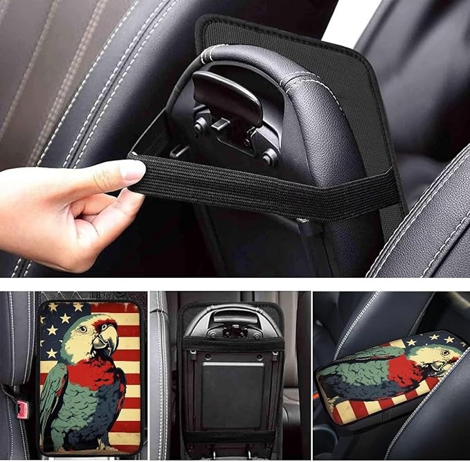 Car Center Console Pad, Universal Waterproof Car Armrest Seat Box Cover, Car Interior Accessories for Most Vehicle SUV Truck Vintage American Flag Parrot Car Armrest Pad