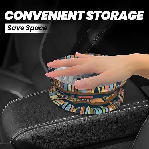 KXWQTRDD Car Garbage Bag Bookshelves Full of Books Mini Car Trash Bin Portable Collapsible Waterproof Rubbish Bag for Car Accessories Back Front Seat Cup Holder