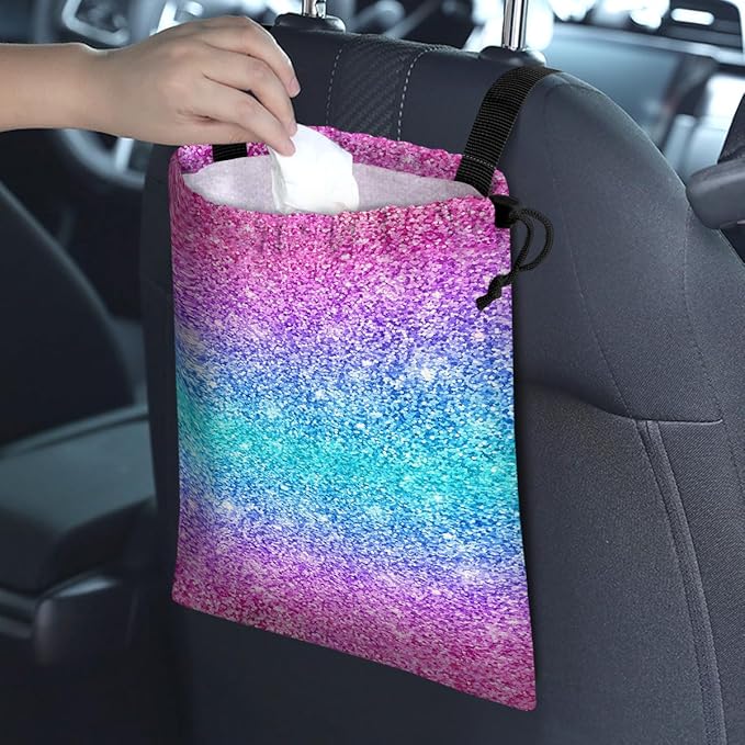 GEGEPINK Car Trash Bag Hanging Back of Seat Waterproof Small Cute Printed One-handed Strap Drawstring Garbage Bags for Car-Glitter Pink