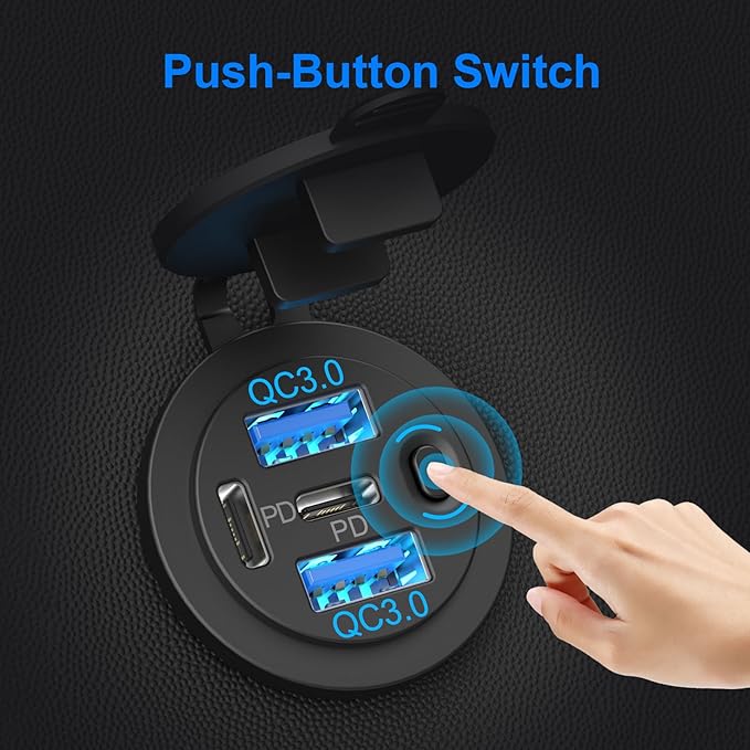 2 Pack Dual PD 30W USB C Port and Dual Quick Charge 3.0 Port 12V USB Outlet with Power Switch, 78W Multiport Car Charger Socket Waterproof DIY Accessories for Car Boat Marine Motorcycle RV ATV