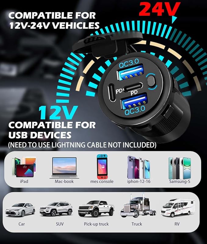 2 Pack Quad-Port 12V USB Outlet with Switch & LED - 78W Dual QC3.0 & Dual PD3.0 USB C Car Charger Socket for RV Motorcycle Marine Truck Golf Cart Boat Accessories
