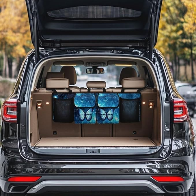 Hanging Car Trunk Organizer Blue Galaxy Space Butterfly Car Organization Women Collapsible Cargo Bag with 4 Storage Bags,Easy to Install