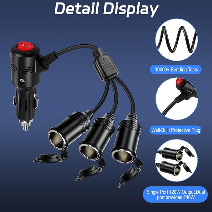 Cigarette Lighter Splitter ， 12v Splitter,Dual Cigarette Lighter adapters for Cars,12V Cigarette Lighter Plug with on/Off Switch, Overload Protection & Extension Cord 15A Fuses (3 Ports)