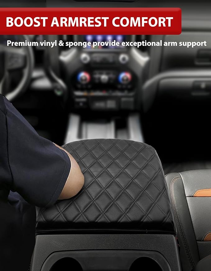 KBH Center Console Armrest Cover for Chevy Silverado & GMC Sierra 2019-2026, Tahoe & Suburban & Yukon 2021-2026, Vinyl Leather Trim, Bucket Seat, Black-Double Stitch