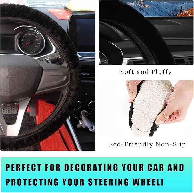 Ziciner Elastic Fuzzy Steering Wheel Cover, 15'' Soft Steering Wheel Protector for Warm Winter, Anti-Slip Fluffy Car Wheel Covers, Universal Car Interior Decor Accessories for Women Men (Black)