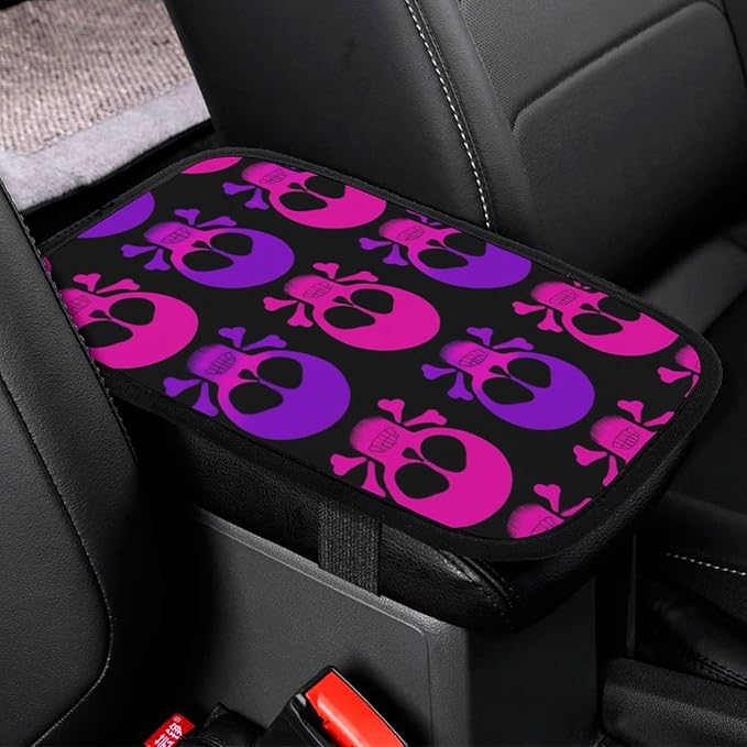 Auto Armrest Cover Pad Purple and Pink Crossbones Skull Non-Slip Center Console Cushion Pad Breathable Arm Rest Mat Box Protector Car Decorations Interior