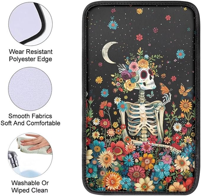 Floral Skull Car Center Console Cushion Pad for Women Gothic Skeleton Armrest Seat Box Cover Dustproof Auto Armrest Cover Protector Sugar Skeleton Cars Interior Accessories