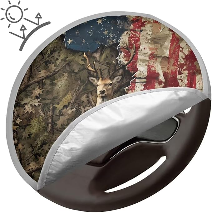 17x17 inch Steering Wheel Sun Shade Steering Wheel Sun Cover Heat Resistant Vehicle Accessories Universal Fit Car SUV Truck Van, American Flag Deer Elk Deadwood Pattern