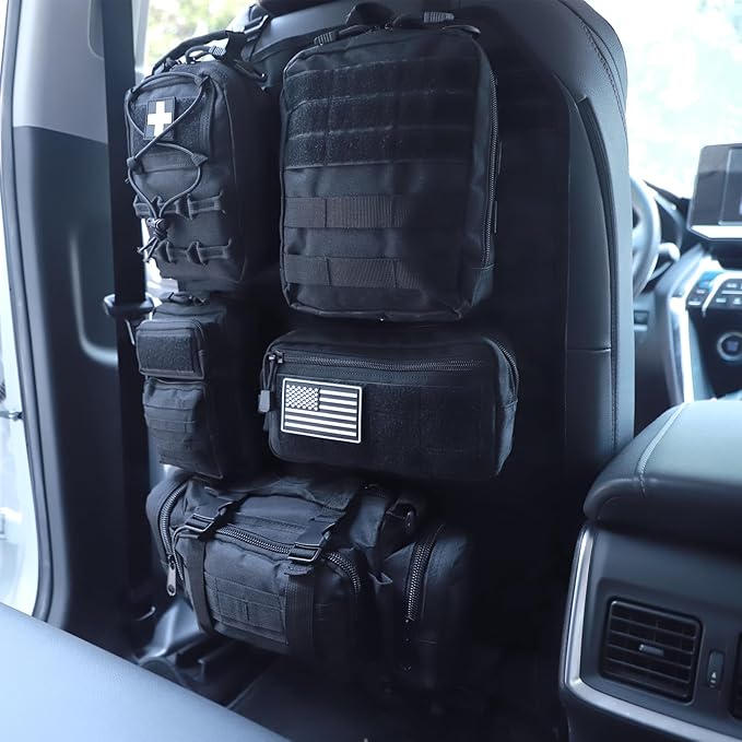 Universal Tactical Car Seat Back Organizer Bag Tactical Molle Vehicle Organizers Panel Vehicle Protector Organizers with 5 Detachable Pouches for Car (Upgraded B black)