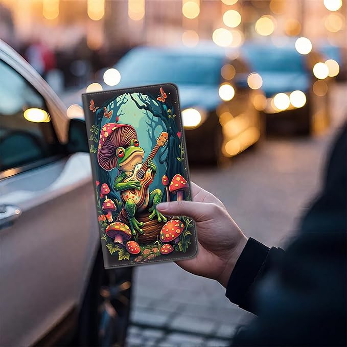 Car Registration and Insurance Card Holder for Women Men, Waterproof PU Leather Glove Box Car Organizer with Magnetic Shut, Vehicle Document Holder for Driver License,Cards, Frog Playing Guitar