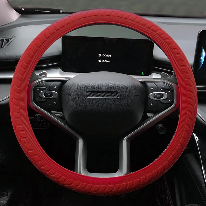 Universal Steering Wheel Cover：13.5 to 15 Inches Stretchable Silicone Anti Skid Steering Wheel Protector Fit for Most Car Models Including Round D Shape or Special Shape (Red)
